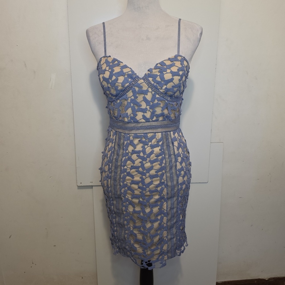 Crystal Doll Women's Lace Bodycon Cocktail Dress Blue Nude Size‎ 7 Spaghetti...